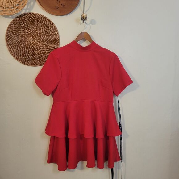 Pretty Little Thing Dress Peplum Mock Neck Zip Back Short Sleeve Size US 12 - Picture 9 of 16